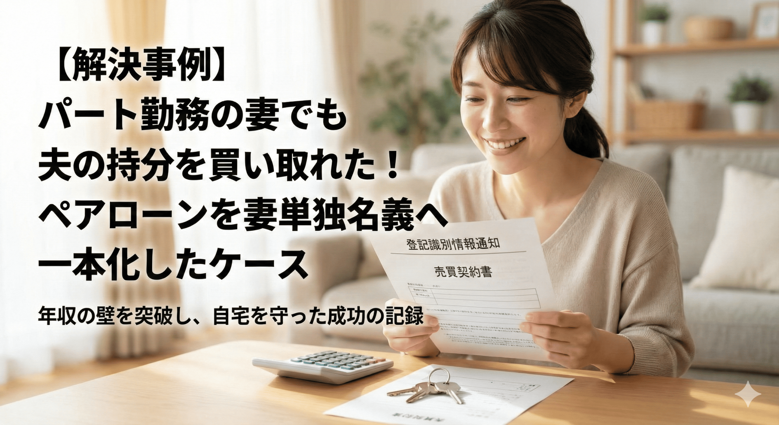 【解決事例】パート勤務の妻でも夫の持分を買い取れた！ペアローンを妻単独名義へ一本化したケース