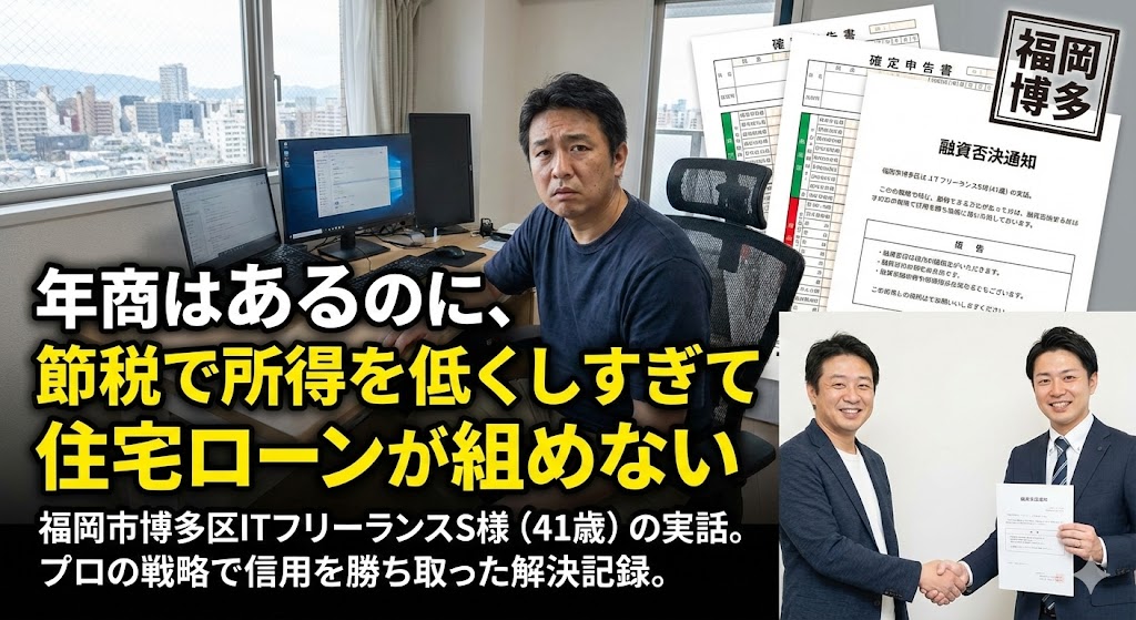 【解決ストーリー】「年商2,000万なのに審査落ち？」節税が仇になった自営業の夫が、福岡の自宅を守り抜いた逆転の一手（福岡市博多区・S様の事例）