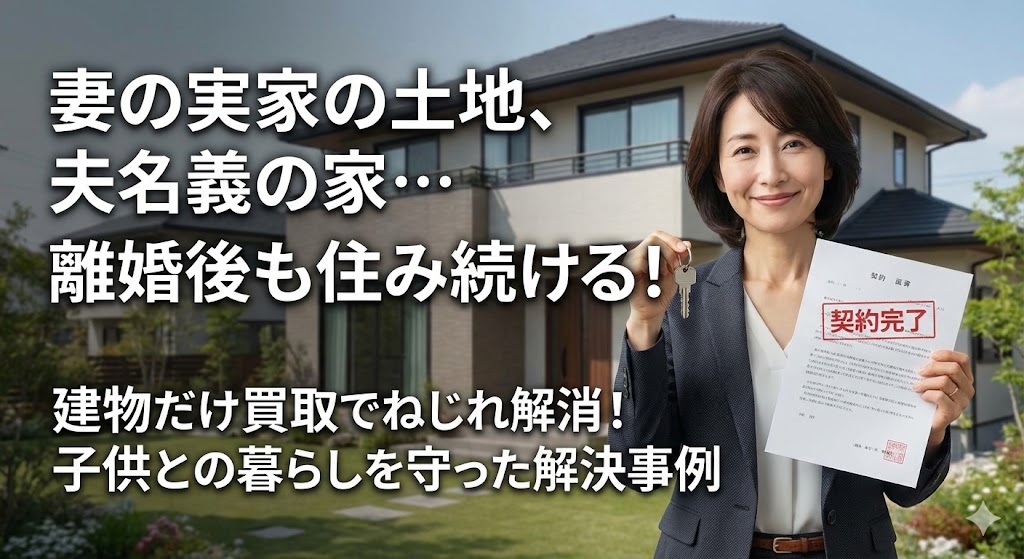 【妻の実家の土地に建てた家】離婚で夫は退去。建物（夫名義）を妻が買い取り、実家の敷地で住み続けた事例