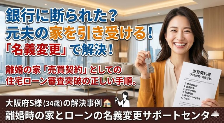 以下のブログ記事の概要をもとに美人で明るい表情の34歳の女性を用いたサムネ画像を実写画像で作成してください。 記事概要：「離婚に伴う家の名義変更はできない」と銀行で断られても諦めないでください。元夫名義の家を妻が引き受けるには「名義変更」ではなく「売買契約」が必要です。大阪府S様の解決事例をもとに、審査を通すための正しい手順を解説